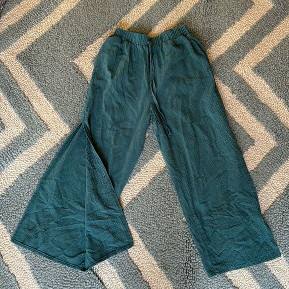 Shein Turquoise Split Leg Linen Pants Cropped Size Small Boho Hippie - Picture 5 of 7